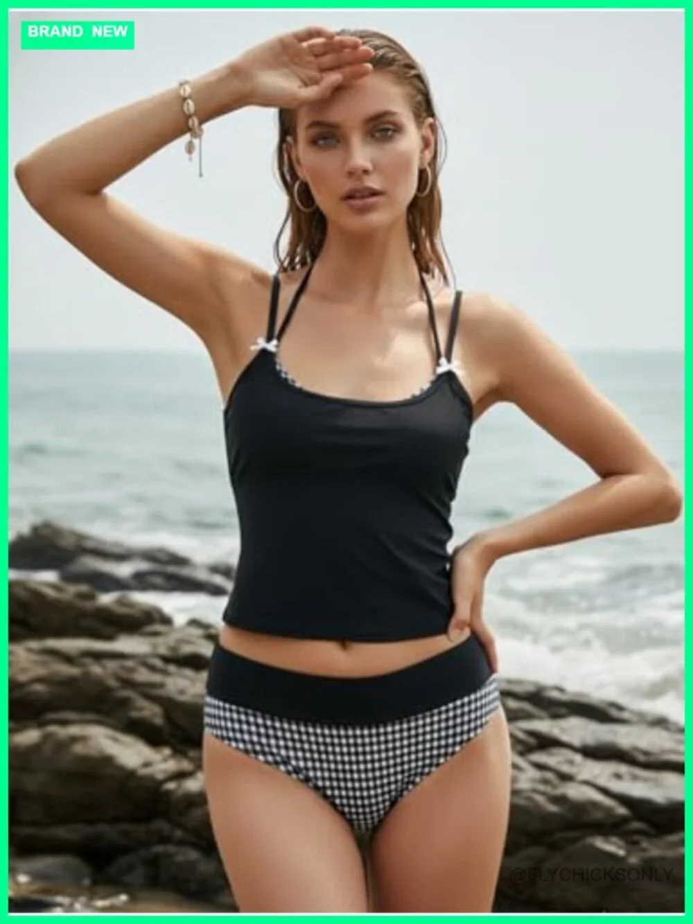 Smocked Lace Patchwork Bow Tie Side String Tankini Set Two Piece Swimsuit